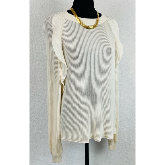 CHLOÉ • Cream Ribbed Ruffle Long Sleeve Silk-Blend Sweater - Picture 10 of 16